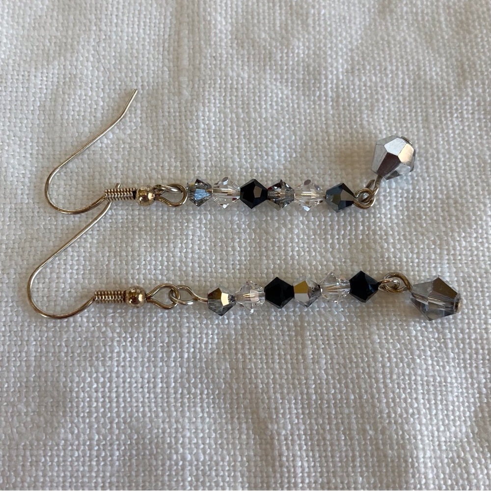 HAND CRAFTED Dazzle EARRINGS Silver & Black Czech Crystal Bi-cones Dangle NWT - Picture 5 of 9